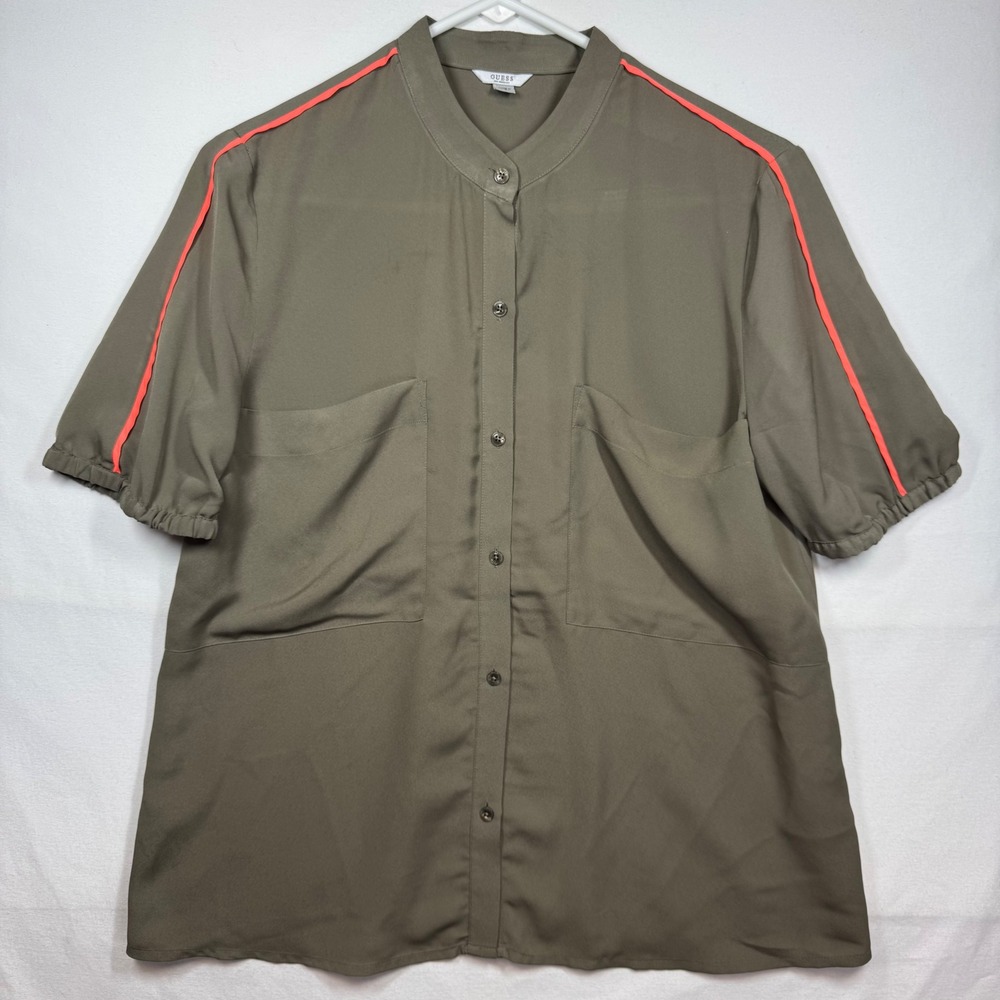 Guess Los Angeles Olive Green Blouse Top‎ With Coral Trim Size Small